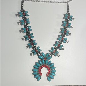 Turquoise and Red Floral Necklace